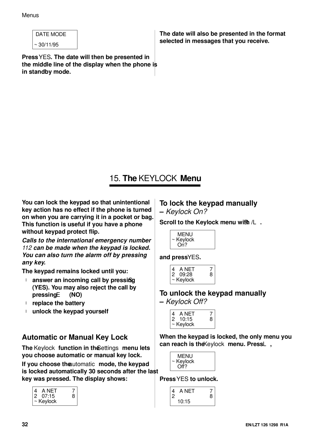 Ericsson GH388/GF388 user manual Keylock Menu, Automatic or Manual Key Lock, To lock the keypad manually, Keylock On? 