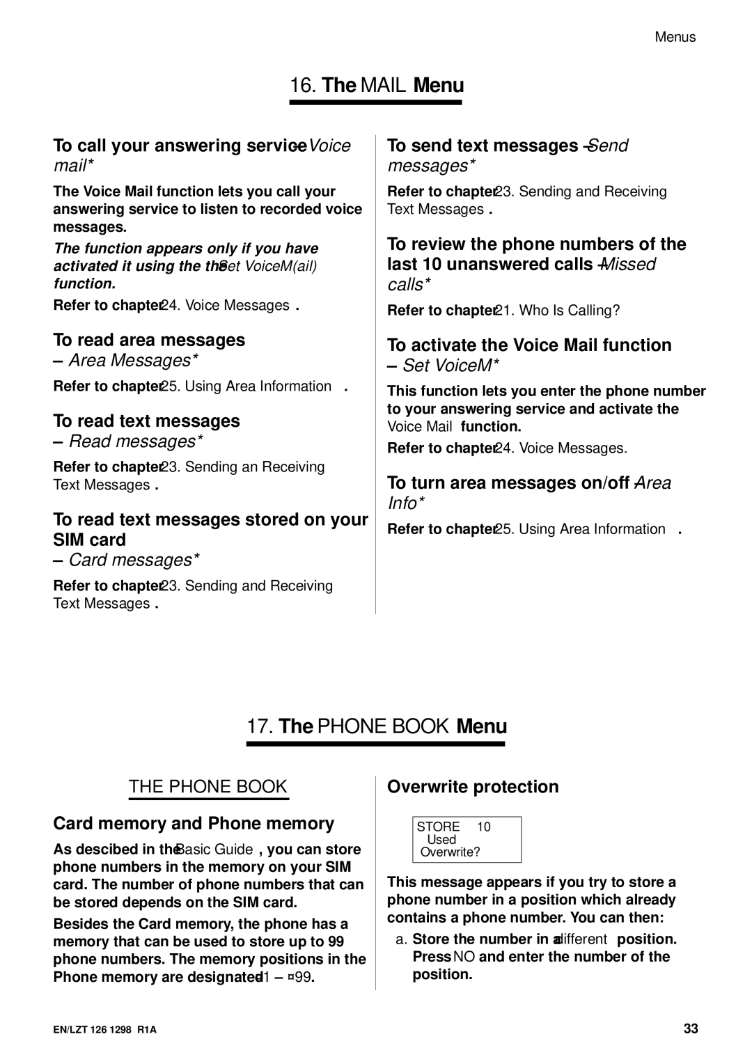 Ericsson GH388/GF388 user manual Mail Menu 