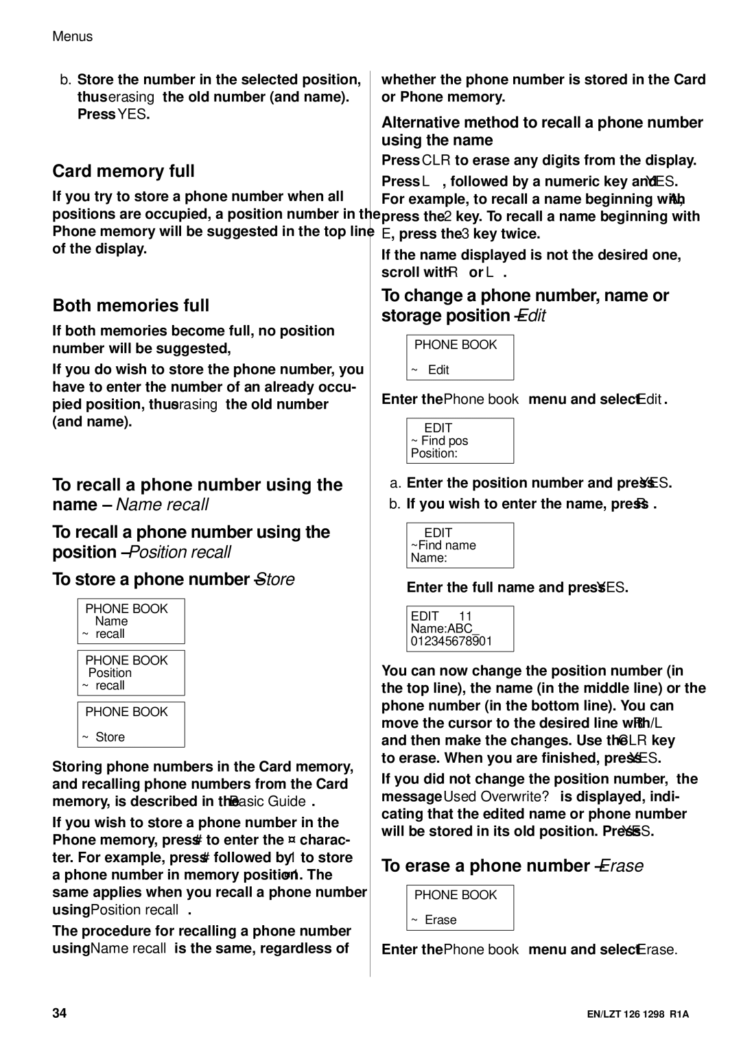 Ericsson GH388/GF388 user manual Name Name recall, Position Position recall 