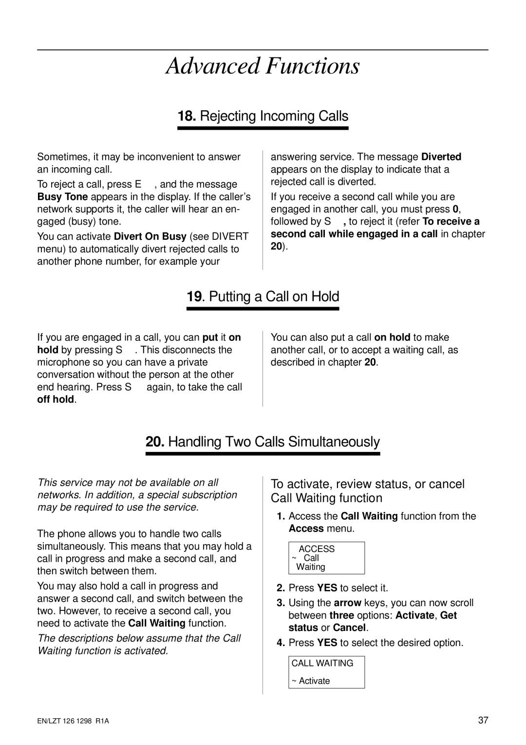 Ericsson GH388/GF388 Rejecting Incoming Calls, Putting a Call on Hold, To activate, review status, or cancel, Waiting 