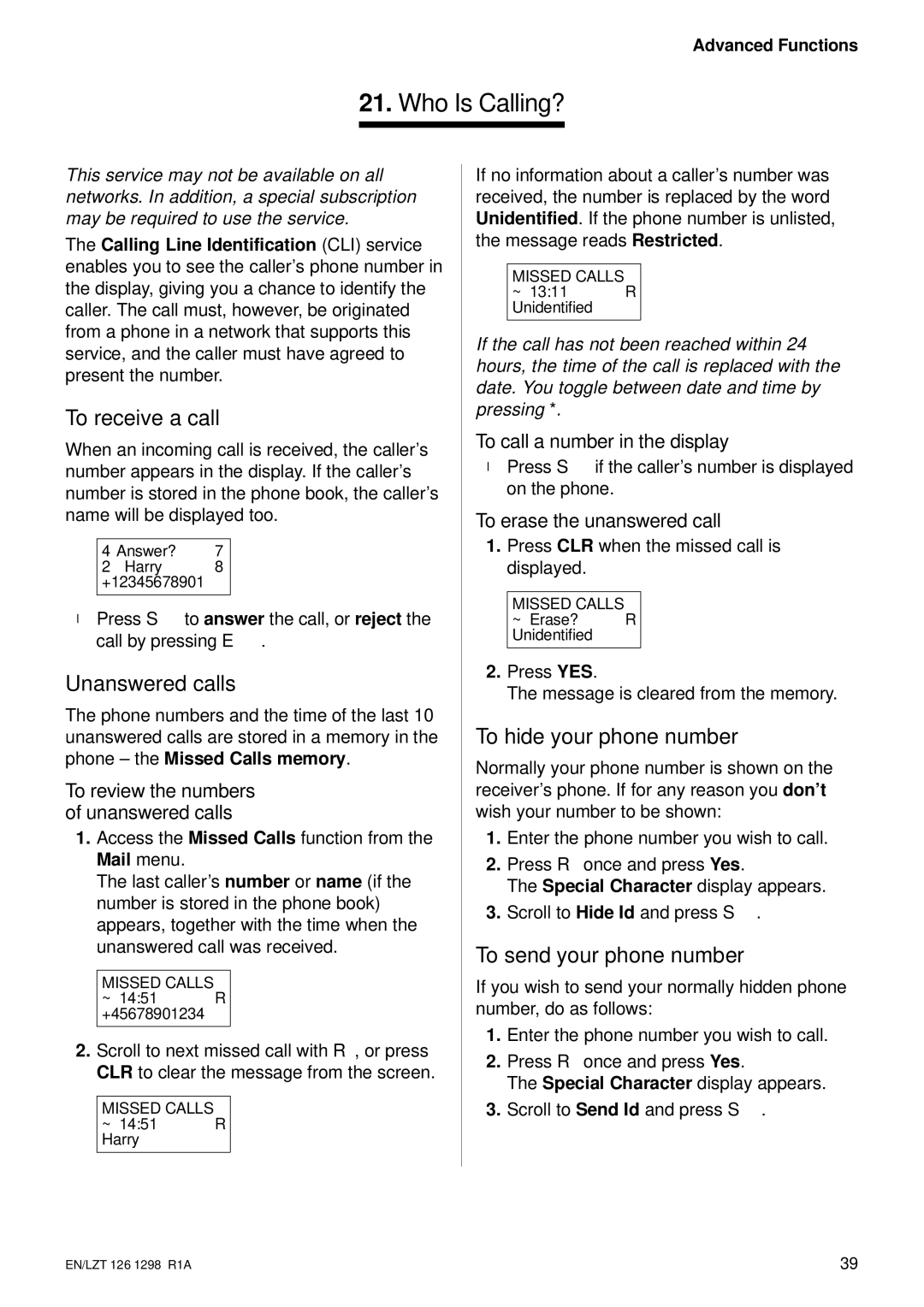 Ericsson GH388/GF388 user manual Who Is Calling?, To receive a call, Unanswered calls, To hide your phone number 