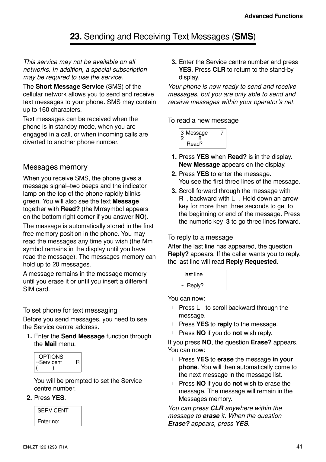 Ericsson GH388/GF388 user manual Sending and Receiving TextMessssages SMS, Messages memory, To rep y to a message 