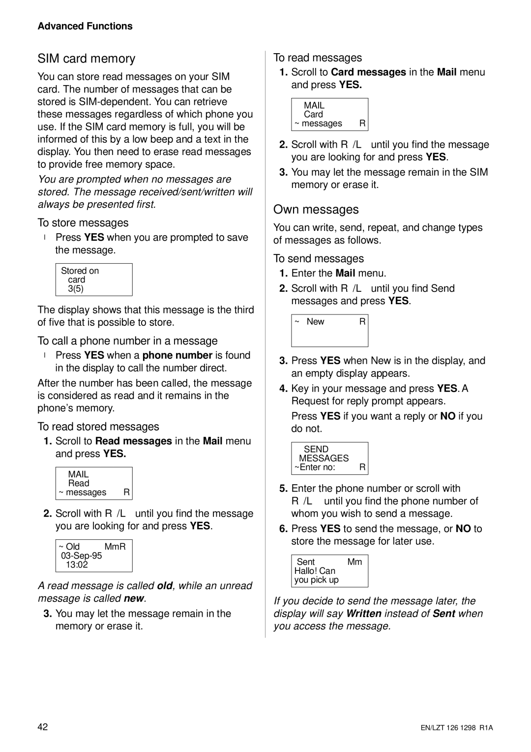 Ericsson GH388/GF388 user manual SIM card memory, Own messages 