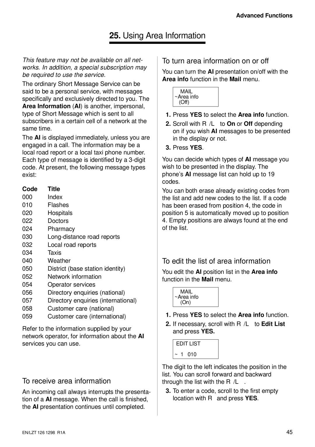 Ericsson GH388/GF388 Using Area Inform tion, To receive area information, To turn area information on or off, Code Title 