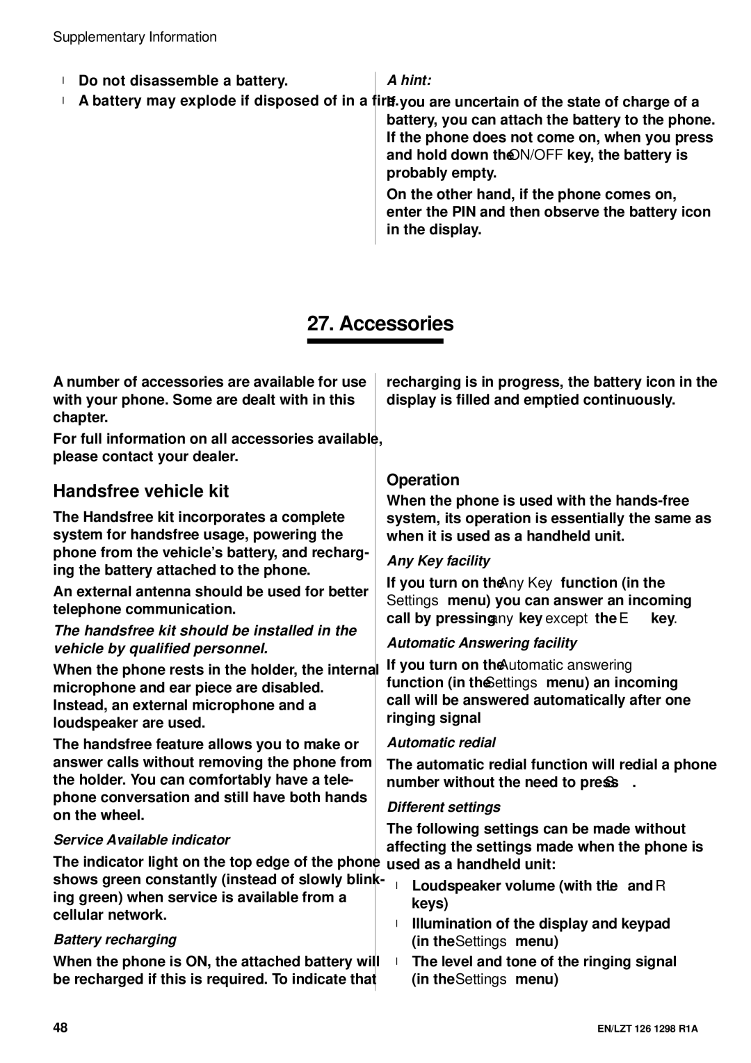 Ericsson GH388/GF388 user manual Accessories, Handsfree vehicle kit, Operation, Supplementary Information 