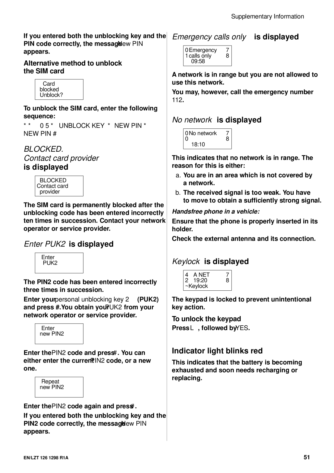 Ericsson GH388/GF388 user manual Contact, Indicator light blinks red, To unlock the keypad, Handsfr phone in a vehicle 