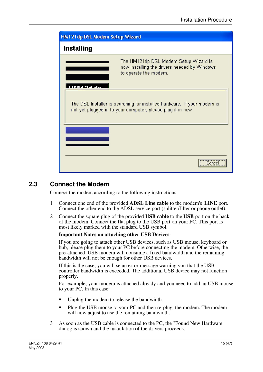 Ericsson HM121dp, HM121di manual Connect the Modem, Important Notes on attaching other USB Devices 