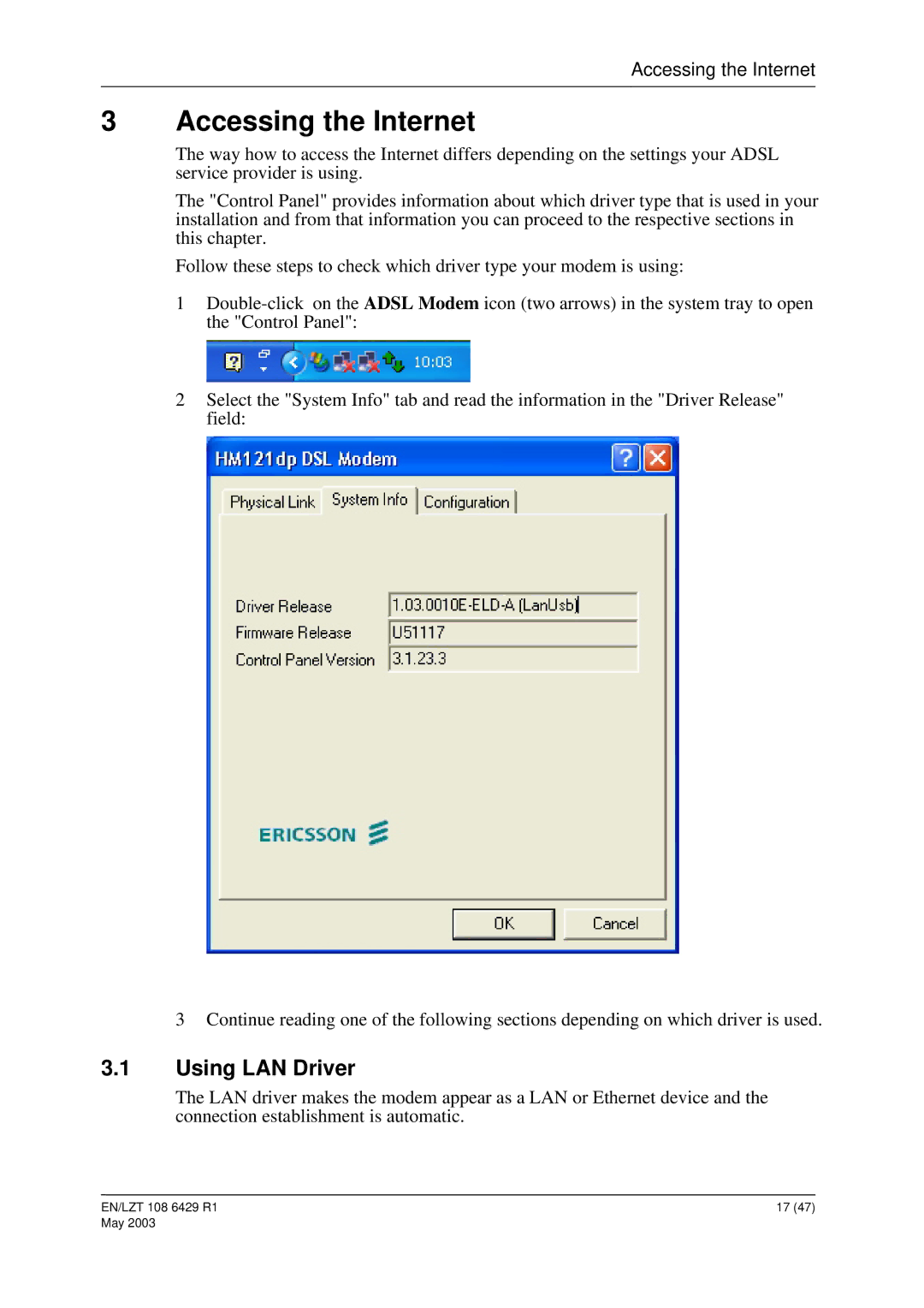 Ericsson HM121dp, HM121di manual Accessing the Internet, Using LAN Driver 