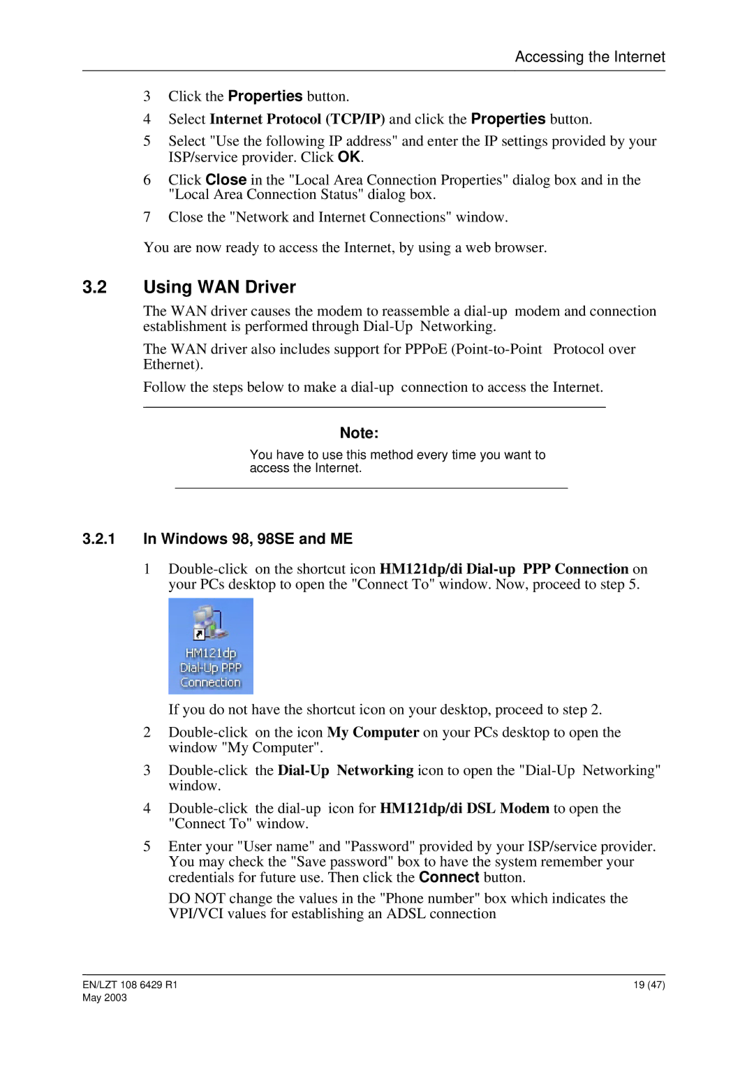 Ericsson HM121dp, HM121di manual Using WAN Driver 