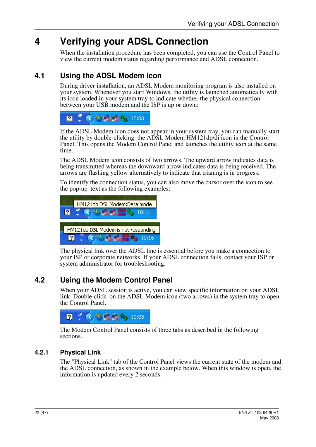 Ericsson HM121di Verifying your Adsl Connection, Using the Adsl Modem icon, Using the Modem Control Panel, Physical Link 