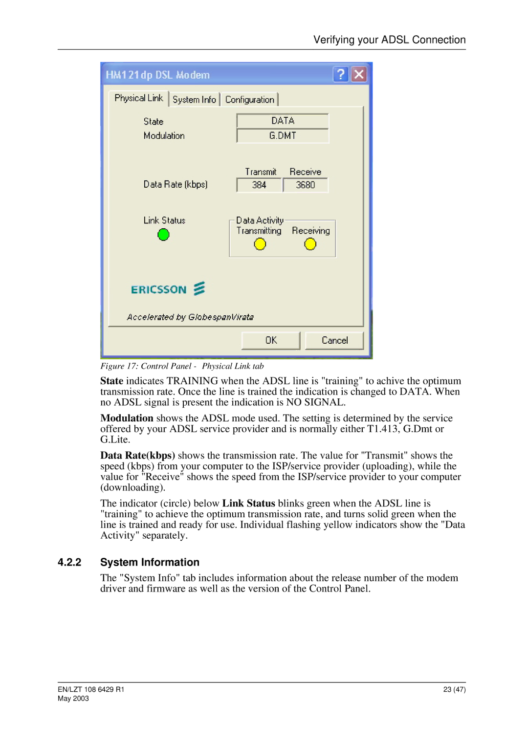 Ericsson HM121dp, HM121di manual System Information, Control Panel Physical Link tab 