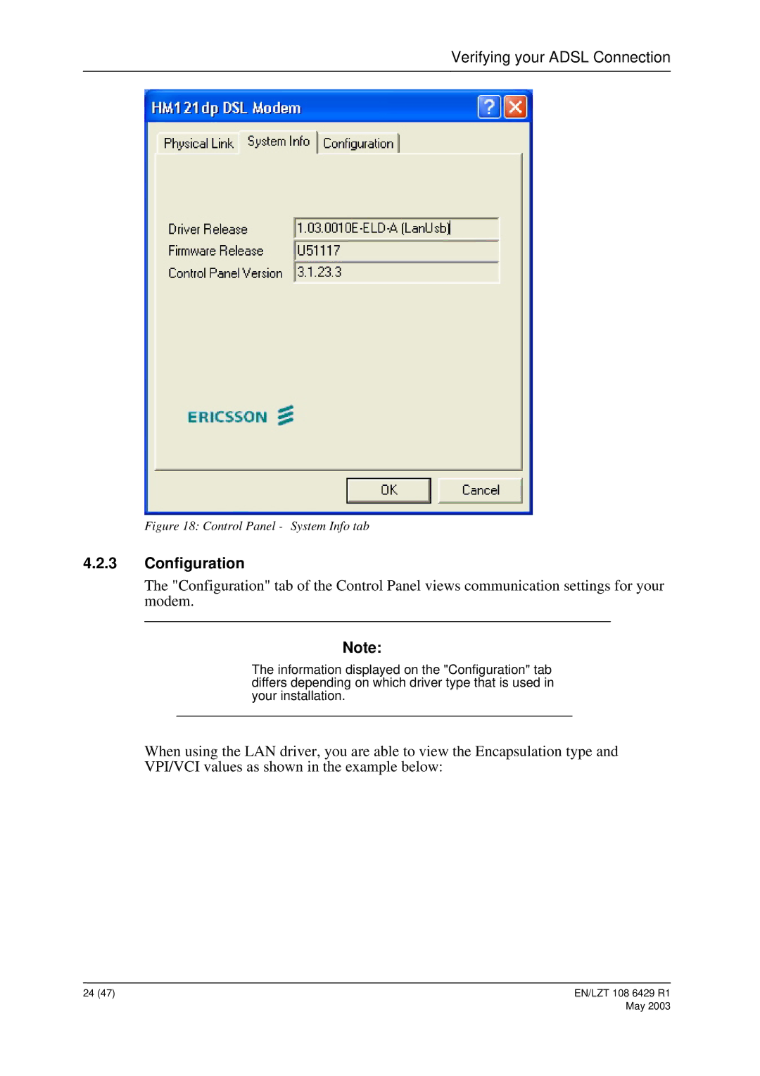 Ericsson HM121di, HM121dp manual Configuration, Control Panel System Info tab 