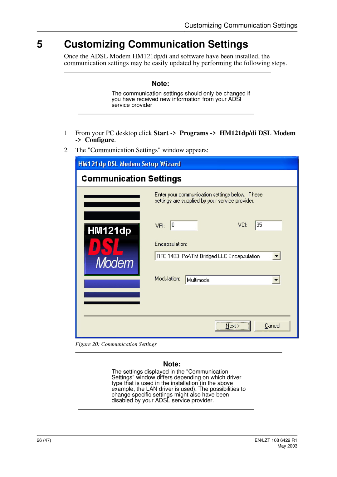 Ericsson HM121di, HM121dp manual Customizing Communication Settings, Communication Settings window appears 