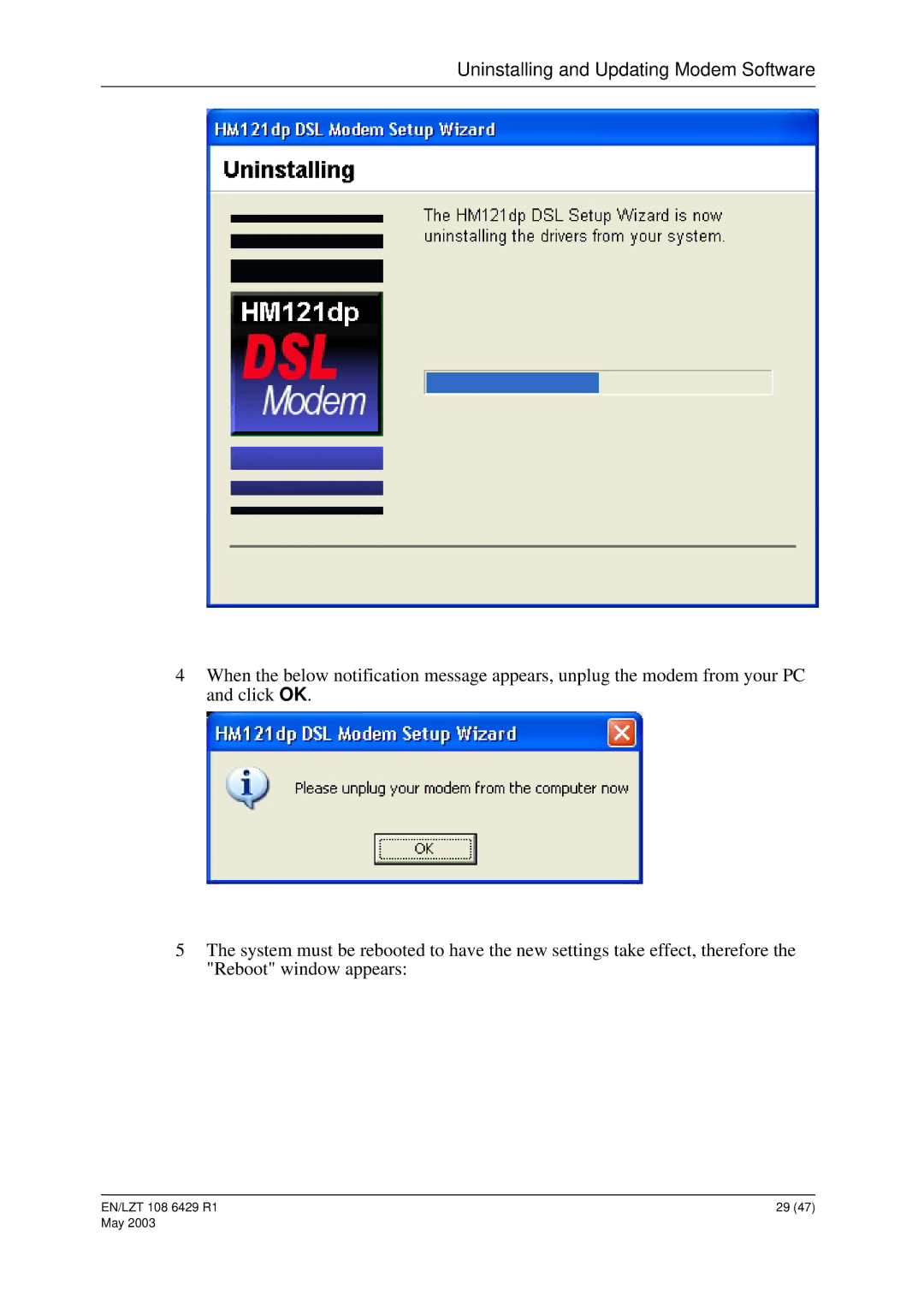 Ericsson HM121dp, HM121di manual Uninstalling and Updating Modem Software 