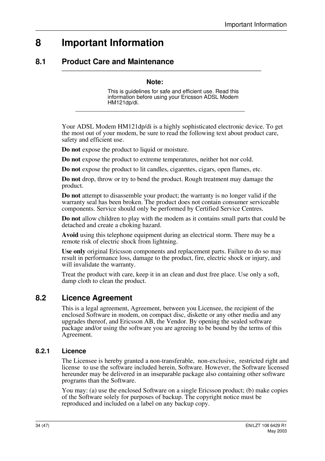 Ericsson HM121di, HM121dp manual Important Information, Product Care and Maintenance, Licence Agreement 