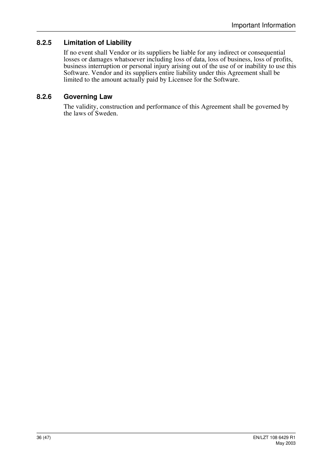 Ericsson HM121di, HM121dp manual Limitation of Liability, Governing Law 