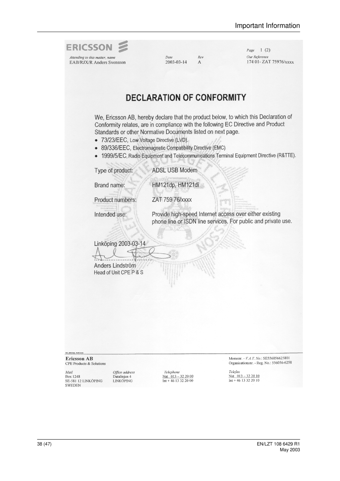 Ericsson HM121di, HM121dp manual Important Information 