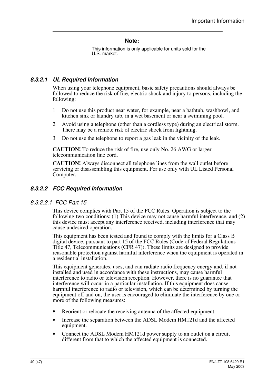 Ericsson HM121di, HM121dp manual UL Required Information 