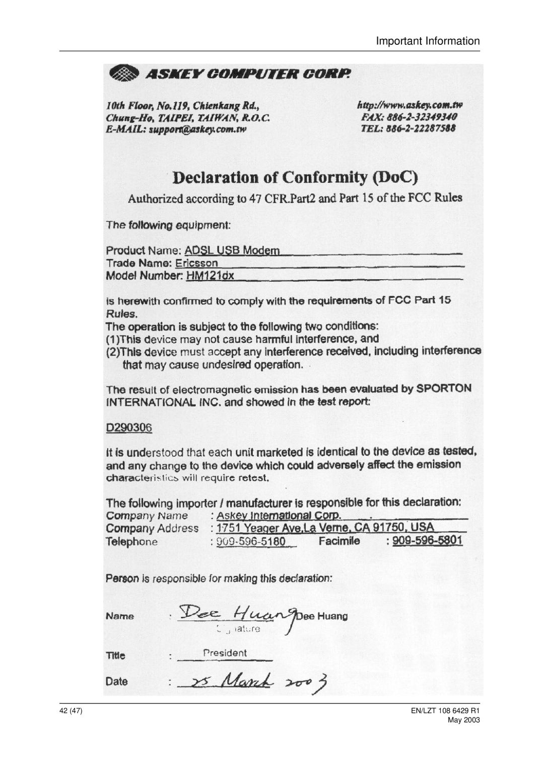 Ericsson HM121di, HM121dp manual Important Information 