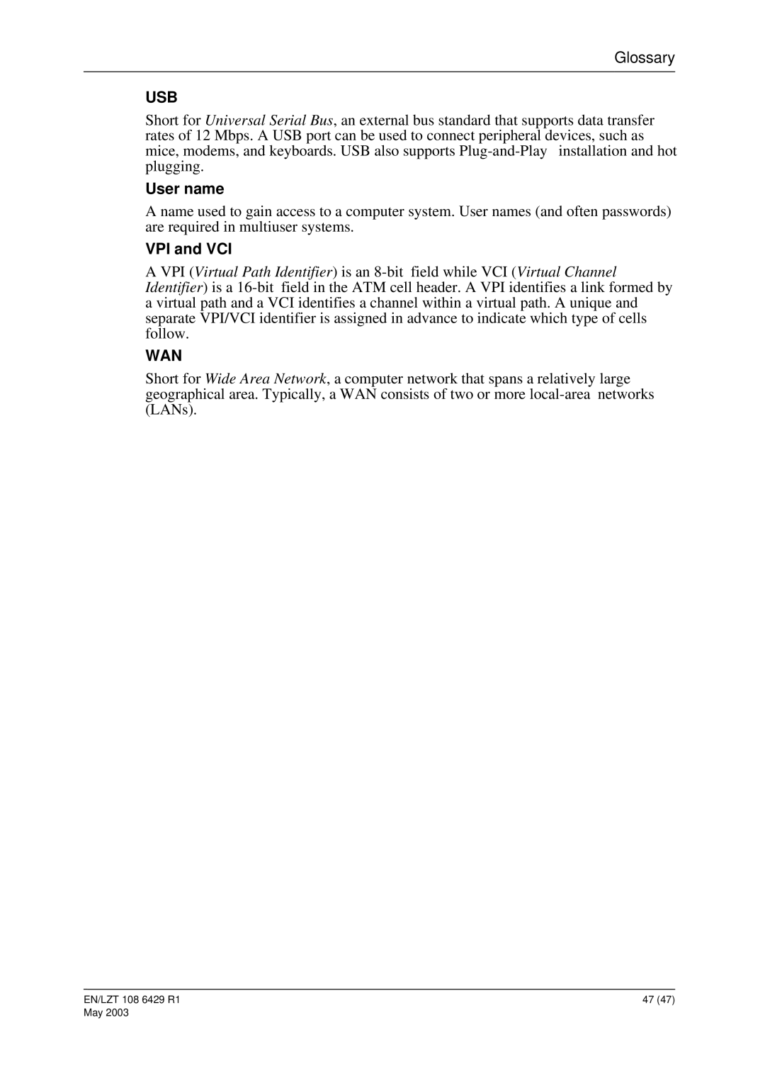 Ericsson HM121dp, HM121di manual User name, VPI and VCI 