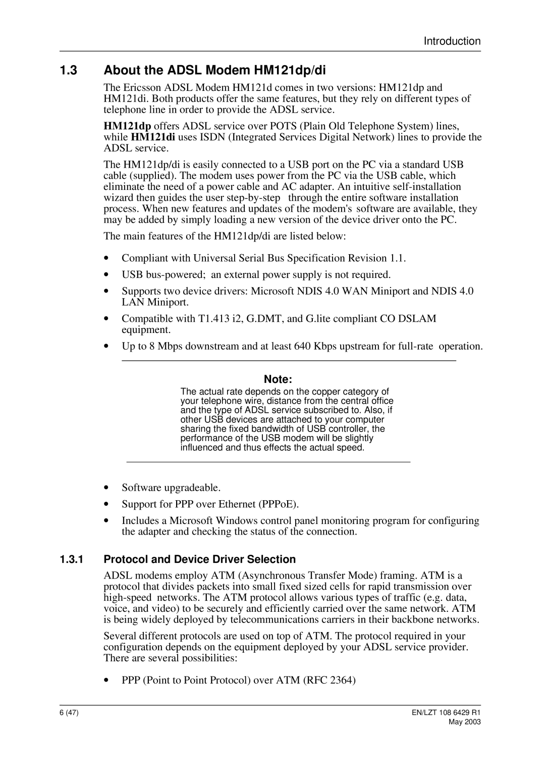 Ericsson HM121di manual About the Adsl Modem HM121dp/di, Protocol and Device Driver Selection 