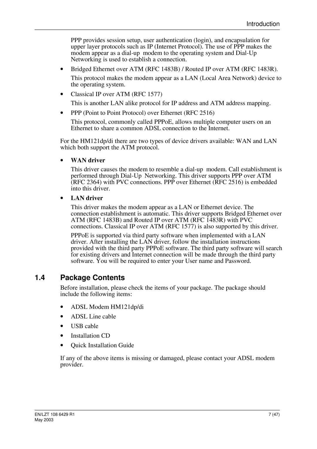 Ericsson HM121dp, HM121di manual Package Contents 