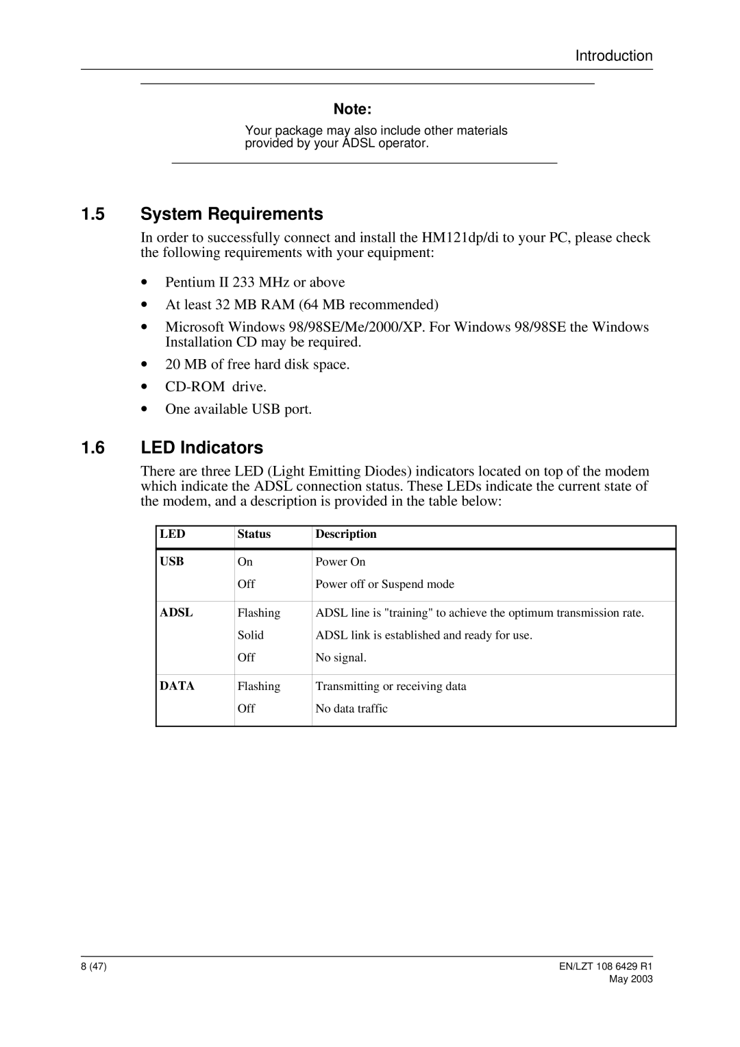 Ericsson HM121di, HM121dp manual System Requirements, LED Indicators 