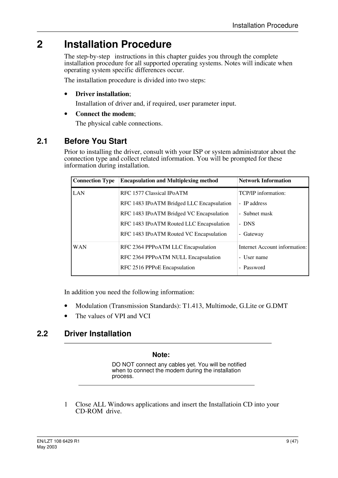 Ericsson HM121dp, HM121di manual Installation Procedure, Before You Start, Driver Installation 