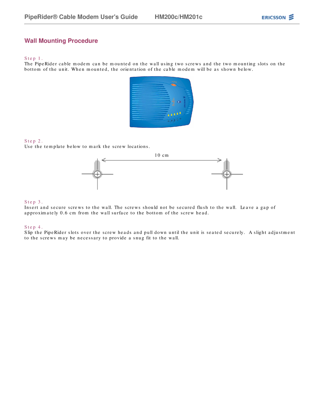 Ericsson HM200c/HM201c manual Wall Mounting Procedure 