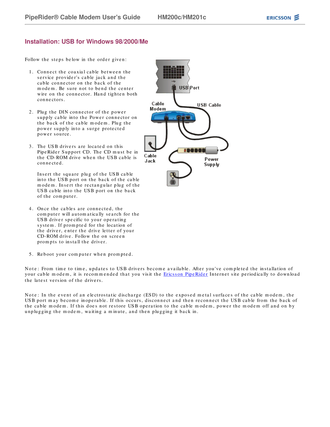 Ericsson HM200c/HM201c manual Installation USB for Windows 98/2000/Me 