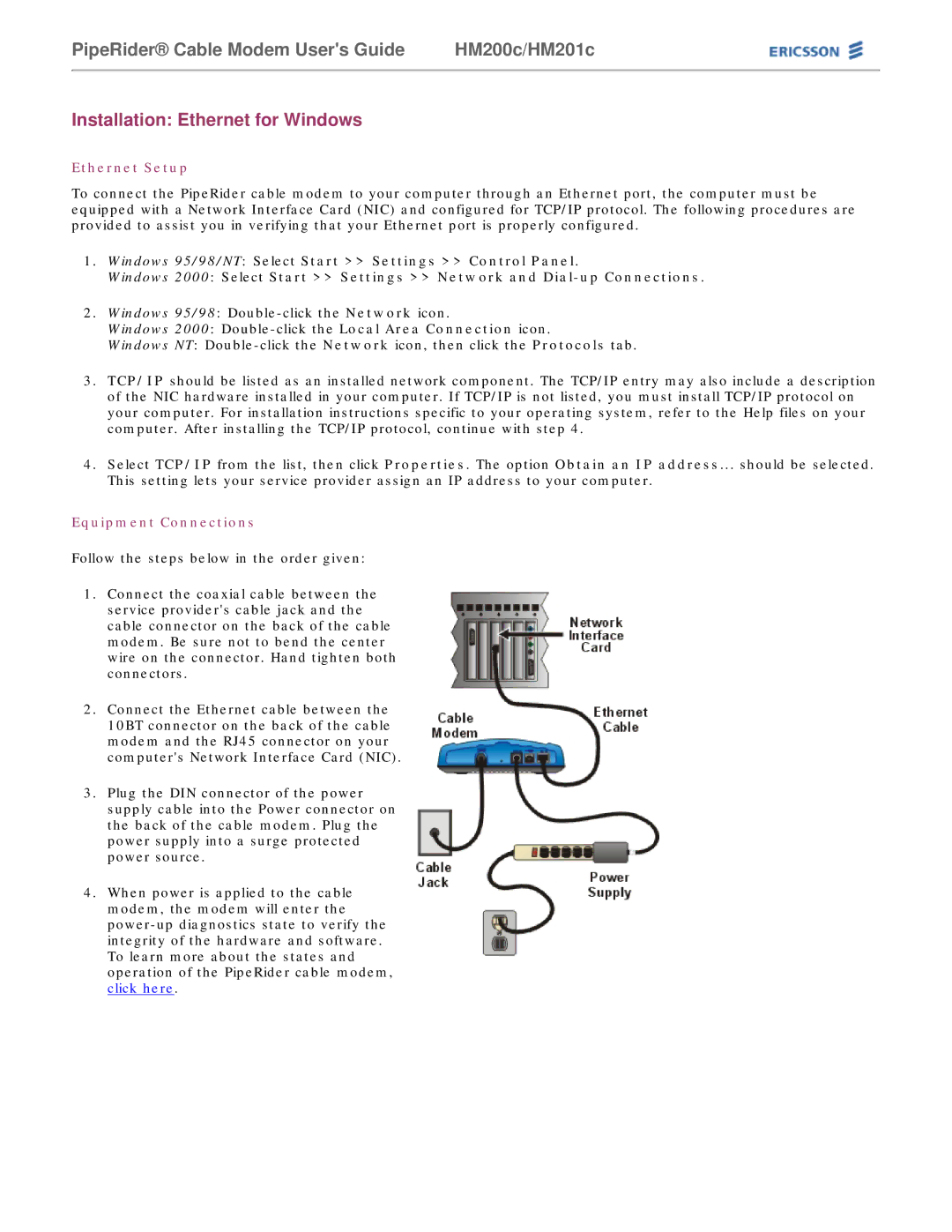 Ericsson HM200c/HM201c manual Installation Ethernet for Windows, Ethernet Setup, Equipment Connections 