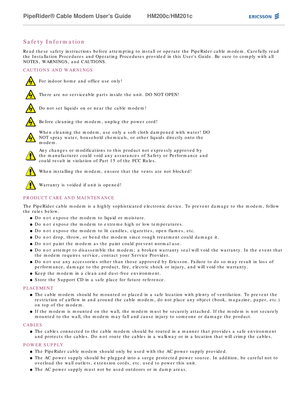 Ericsson HM200c/HM201c manual Safety Information 