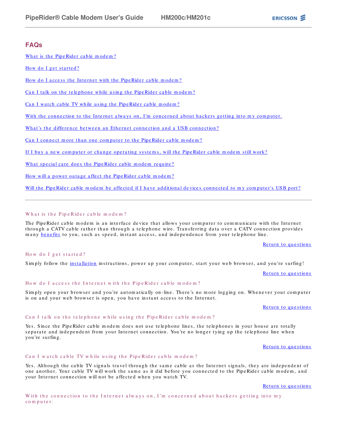 Ericsson HM200c/HM201c manual FAQs, What is the PipeRider cable modem?, How do I get started? 