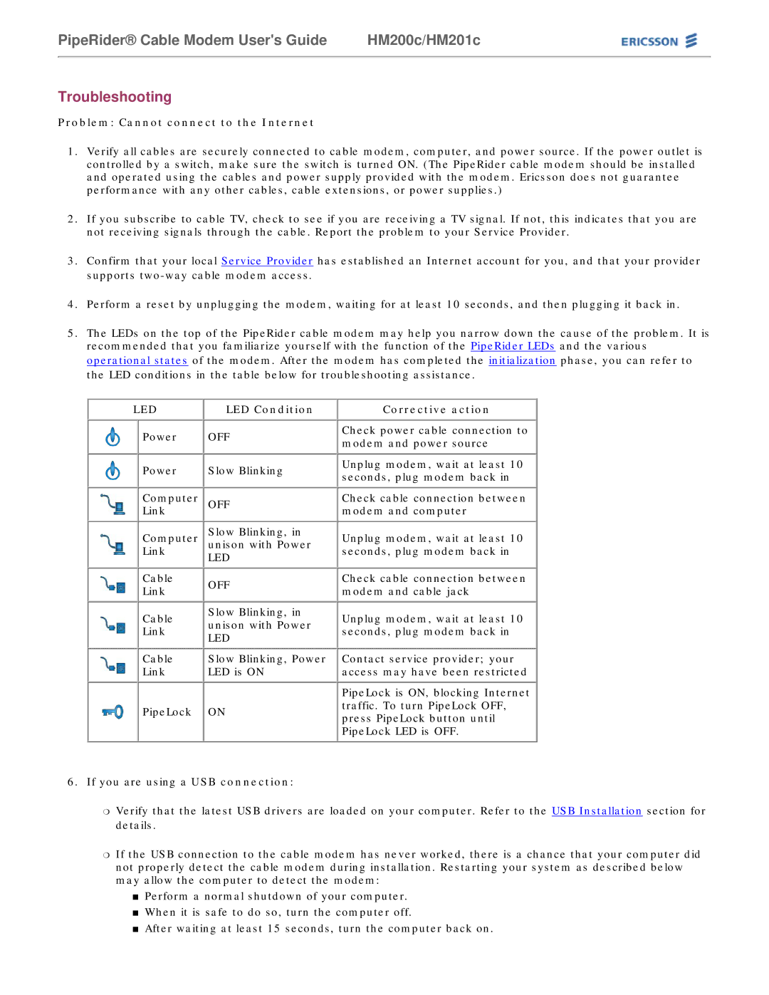 Ericsson HM200c/HM201c Troubleshooting, Problem Cannot connect to the Internet, Led, LED Condition, Corrective action 