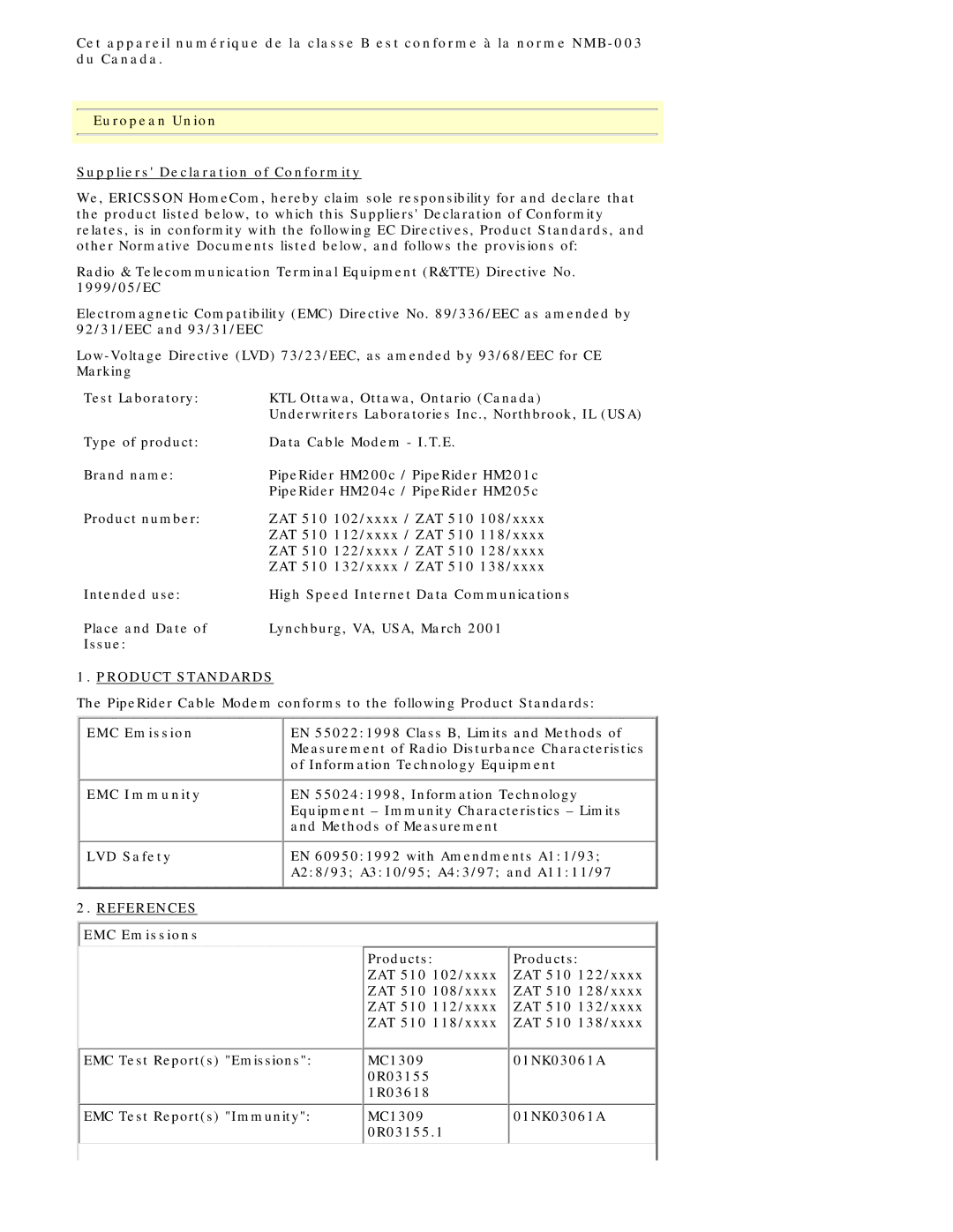 Ericsson HM200c/HM201c manual Product Standards, References 