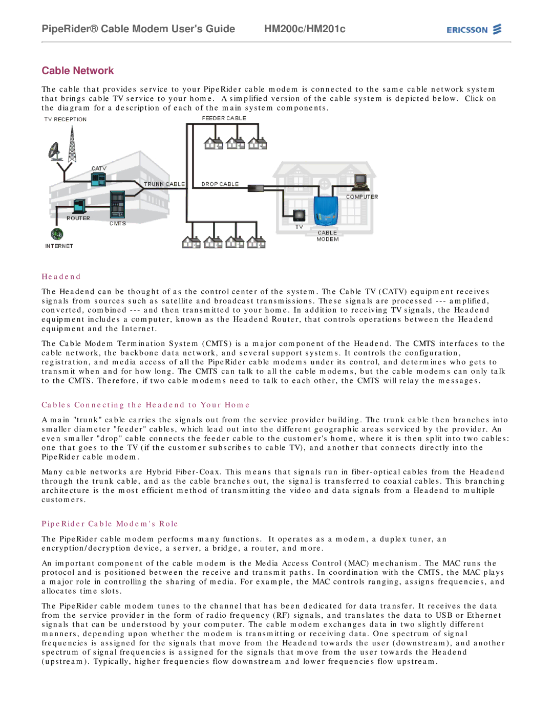 Ericsson HM200c/HM201c manual Cable Network, Cables Connecting the Headend to Your Home, PipeRider Cable Modems Role 