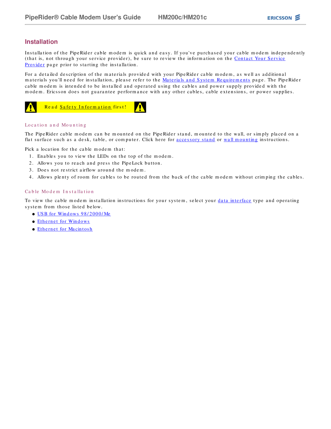 Ericsson HM200c/HM201c manual Read Safety Information first, Location and Mounting, Cable Modem Installation 