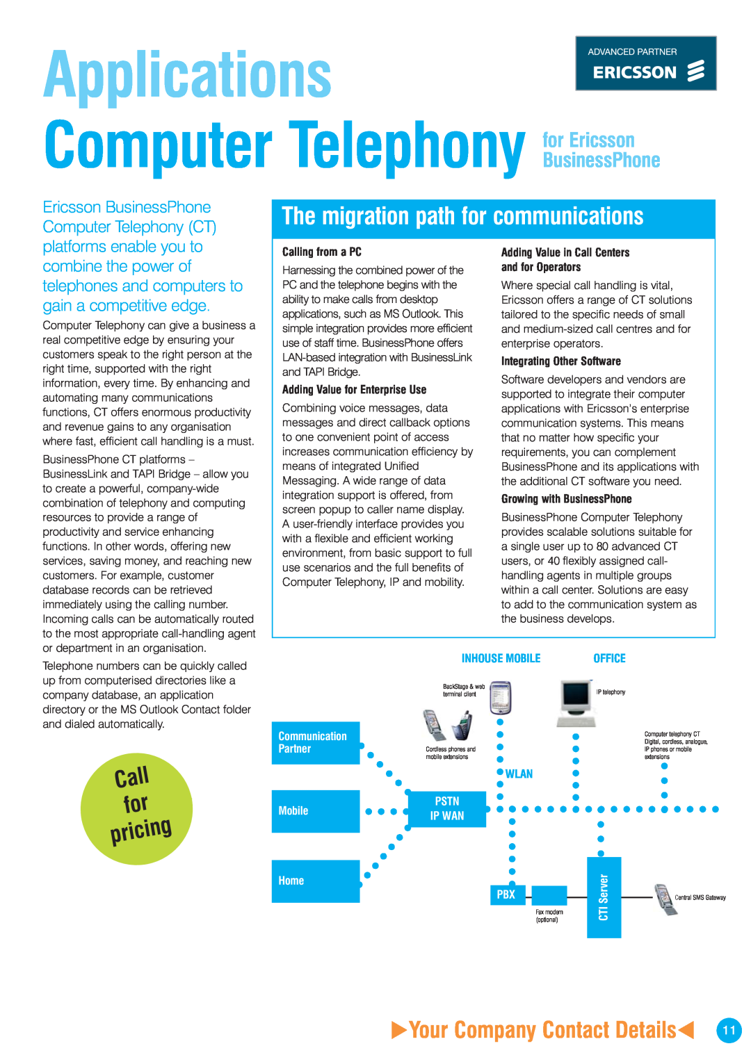 Ericsson ISDN2 Computer Telephony, The migration path for communications, Call for pricing, Applications, Inhouse Mobile 