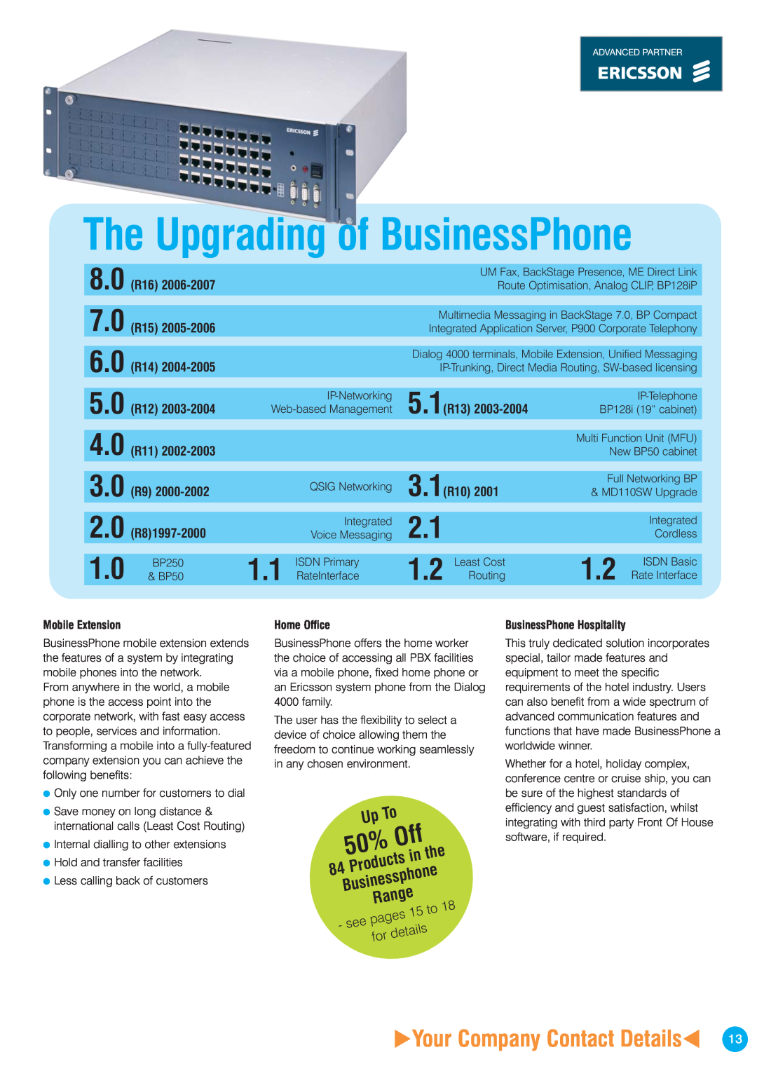 Ericsson ISDN2 The Upgrading of BusinessPhone, Your Company Contact Details, Range, in the, Businessphone, 8.0 R16, 5.1R13 