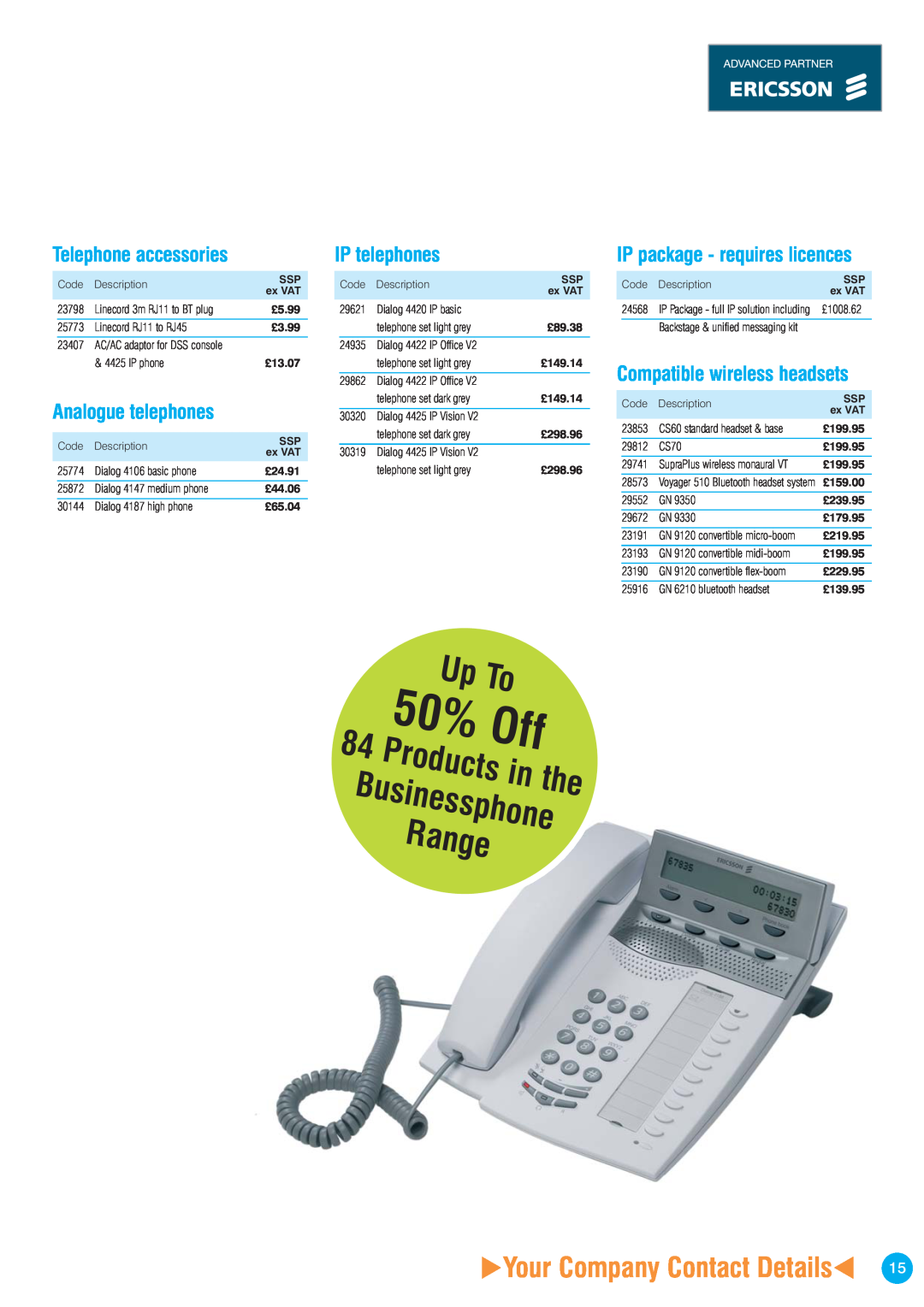 Ericsson ISDN2 Products in the, Businessphone, Range, Your Company Contact Details, Telephone accessories, IP telephones 