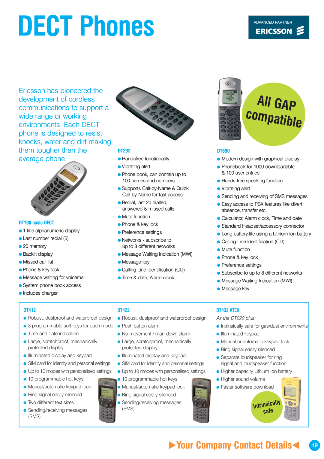 Ericsson ISDN2 DECT Phones, All GAP compatible, Your Company Contact Details, Intrinsically safe, DT190 basic DECT, DT292 
