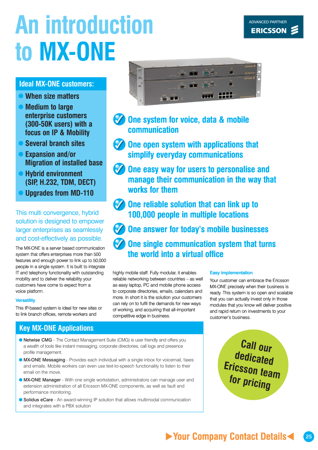 Ericsson ISDN2 manual Call our dedicated Ericsson team for pricing, An introduction to MX-ONE, Your Company Contact Details 