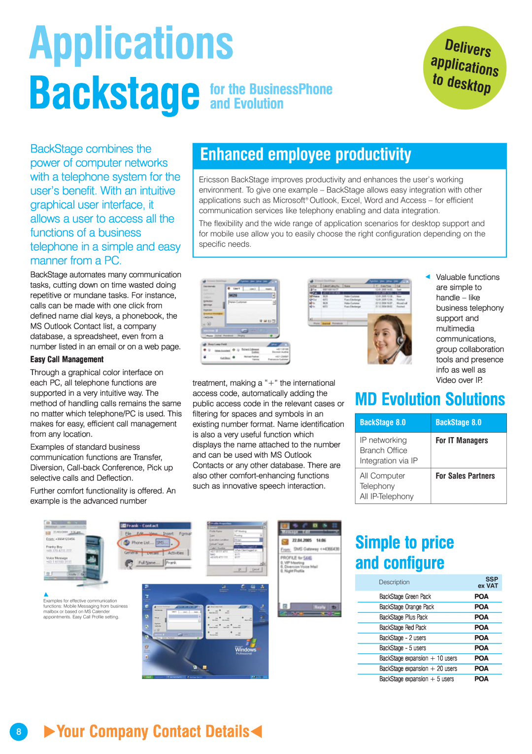 Ericsson ISDN3e Enhanced employee productivity, Your Company Contact Details, Simple to price and configure, Applications 