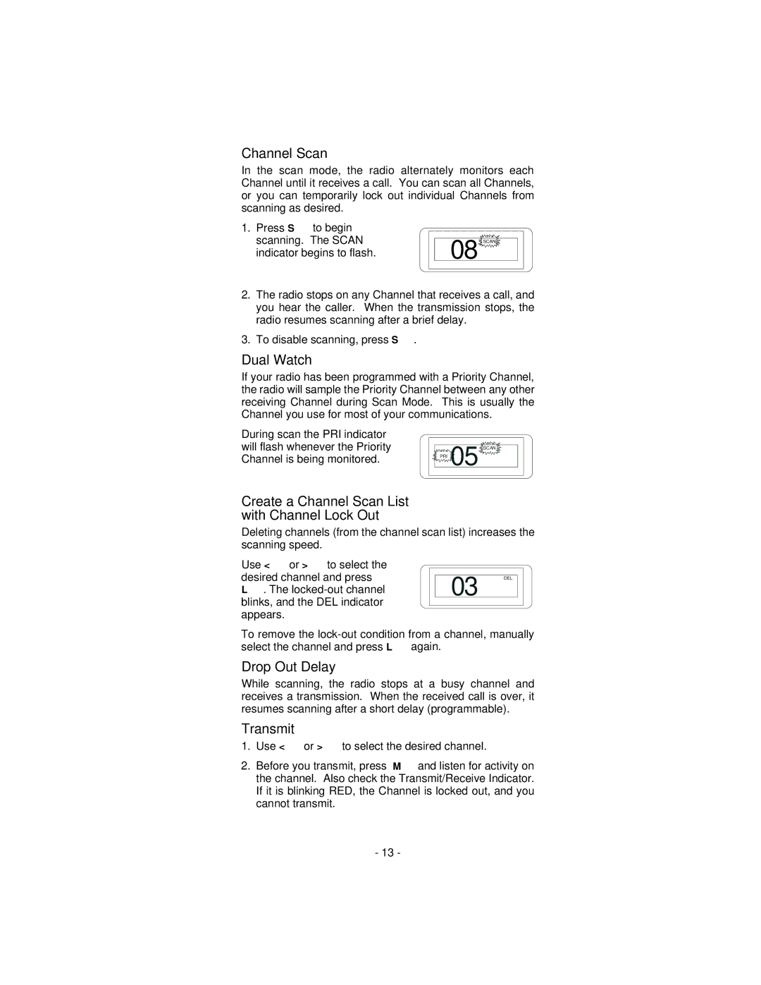 Ericsson KRD 103 117/3 Channel can, Dual Watch, Create a Channel Scan List with Channel Lock Out, Drop Out Delay, Transmit 