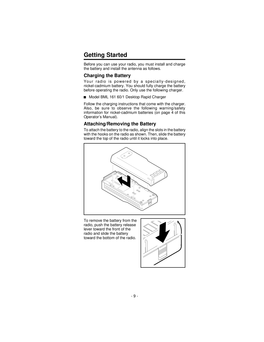 Ericsson KRD 103 117/3, KRD 103 117/1 manual Getting Started, Charging the Battery, Attaching/Removing the Battery 