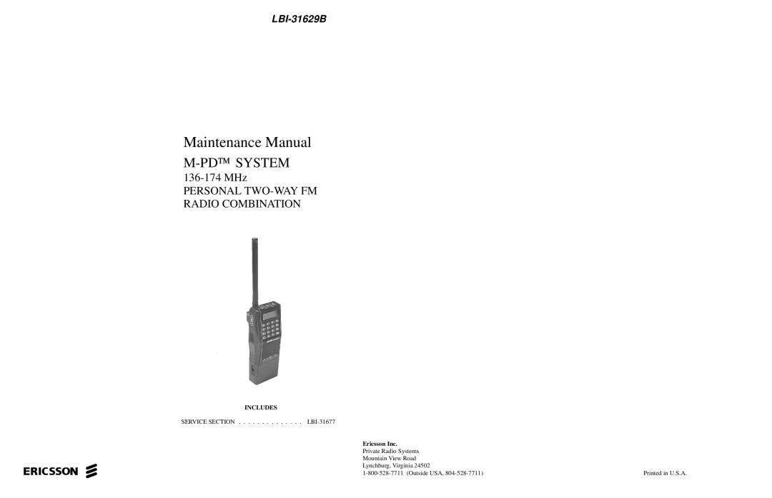 Ericsson LBI-31629B manual Maintenance Manual 