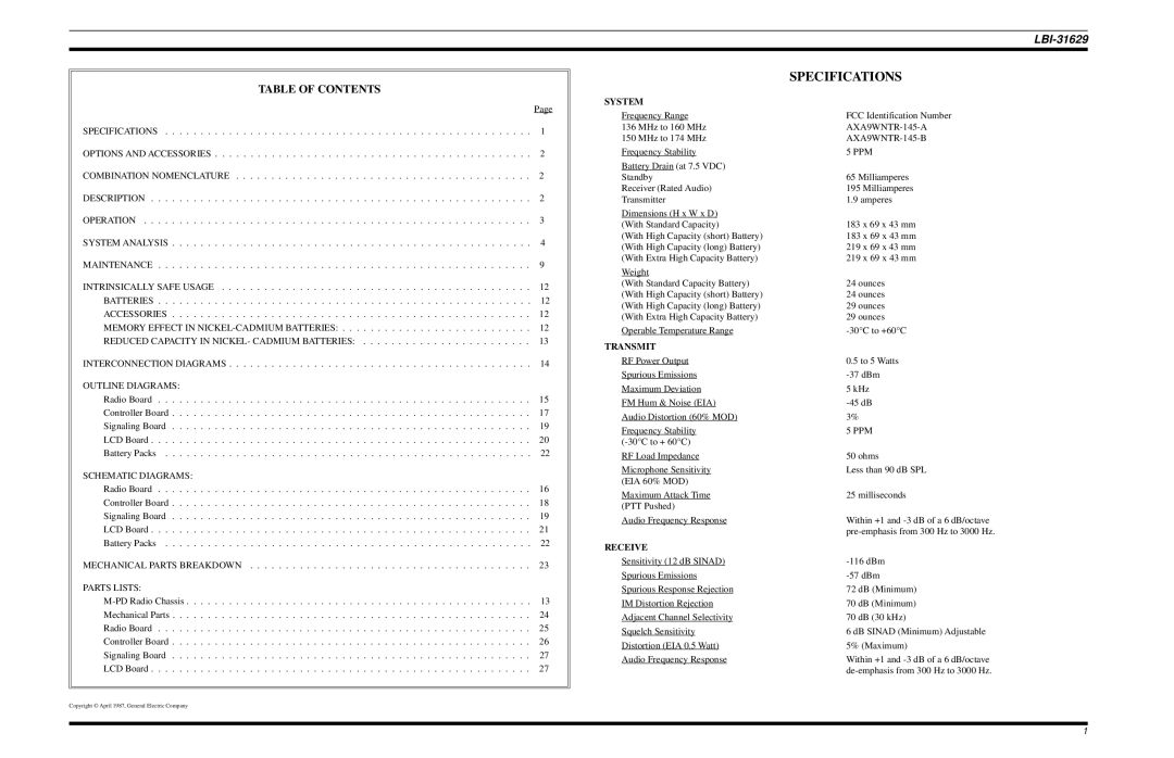 Ericsson LBI-31629B manual Specifications 