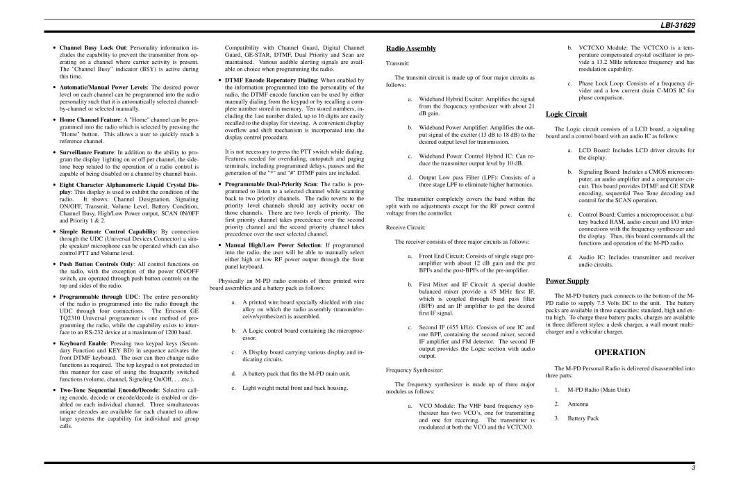 Ericsson LBI-31629B manual Operation, Radio Assembly, Logic Circuit, Power Supply 