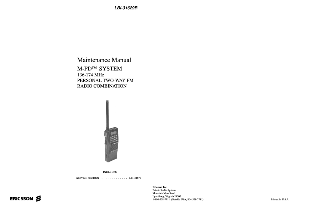 Ericsson LBI-31629B manual Maintenance Manual, M-Pd System, 136-174MHz PERSONAL TWO-WAYFM RADIO COMBINATION, ericssonz 