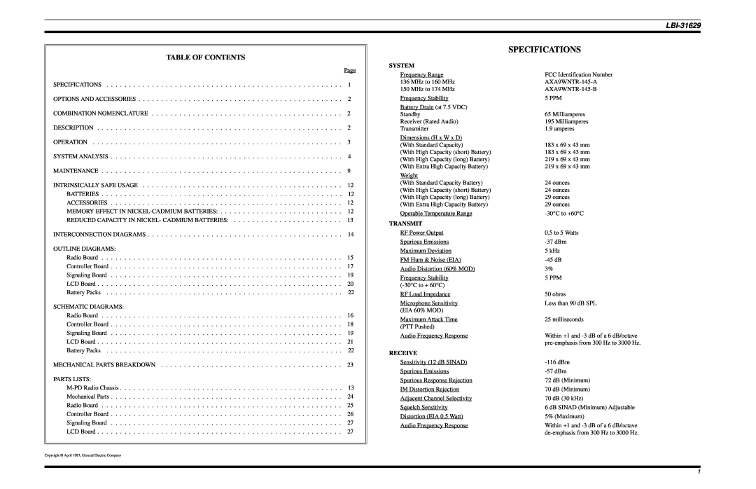 Ericsson LBI-31629B manual Specifications, Table Of Contents 